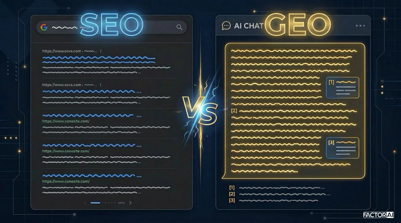 Porównanie GEO i SEO - wizualizacja różnic między optymalizacją pod AI a wyszukiwarki